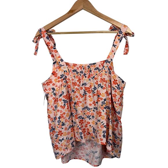 Sonoma Tank Top Women's Tie-Strap Floral Linen Blend Smocked Large Summer Resort - Picture 2 of 8